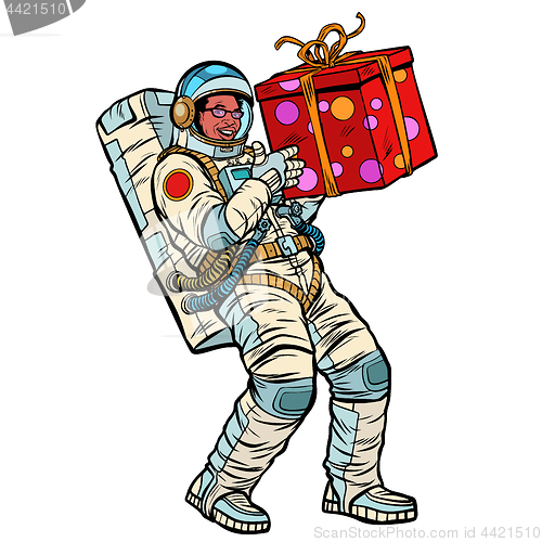 Image of Cosmonaut with gift box. African American people