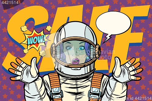 Image of discounts sales woman wow astronaut retro background