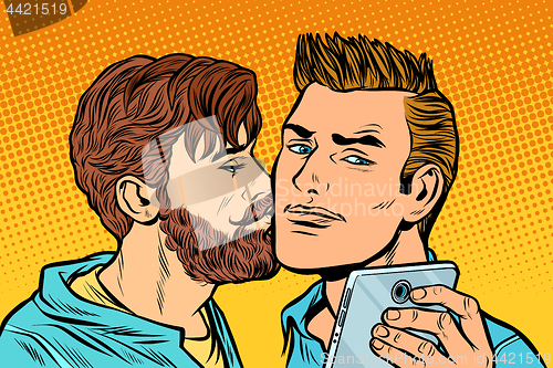 Image of men couple. friendship meeting.  smartphone selfie