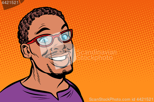 Image of African man smiling. Hipster with glasses