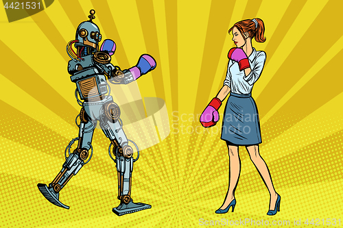 Image of Woman businesswoman Boxing with a robot