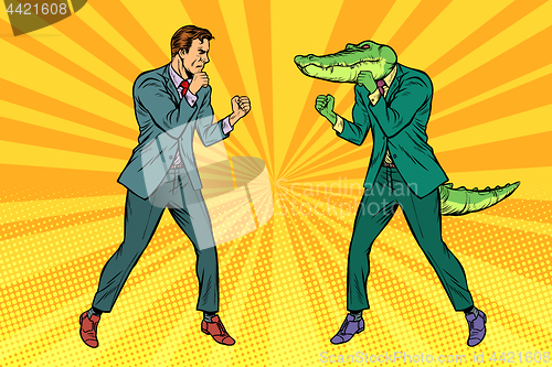 Image of Man Boxing fights with crocodile reptiloid
