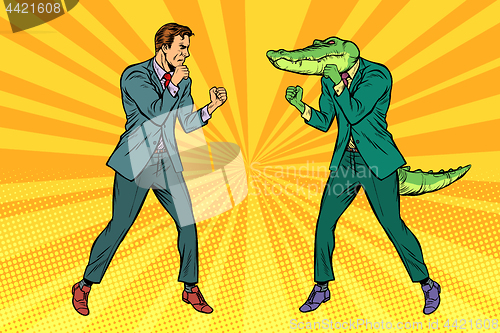 Image of Man Boxing fights with crocodile reptiloid