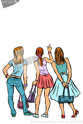 Image of Young women shoppers back. Isolate on a white background