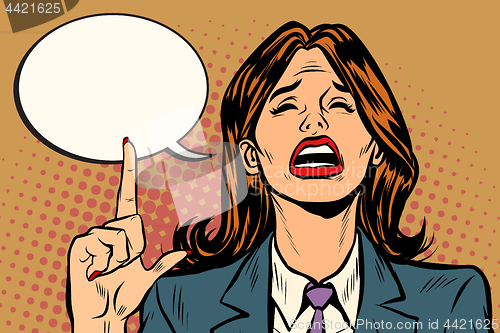 Image of crying woman pointing up comic bubble