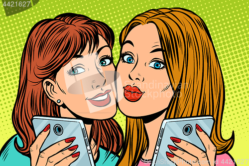 Image of two girlfriends selfie smartphone