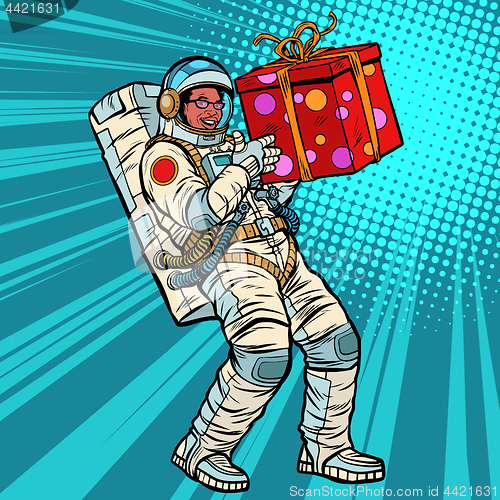 Image of Astronaut birthday with a gift. African American people