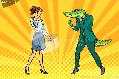 Image of Woman businesswoman Boxing fights with crocodile reptiloid