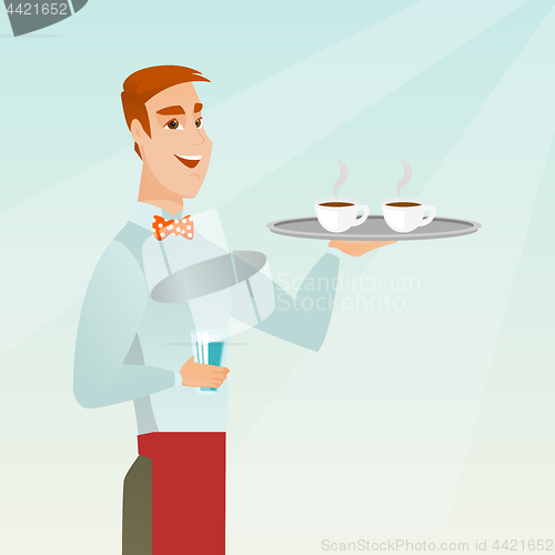 Image of Waiter holding tray with cups of coffeee or tea.
