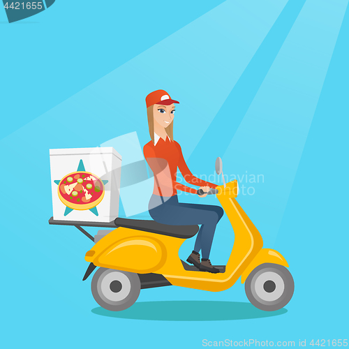 Image of Woman delivering pizza on scooter.