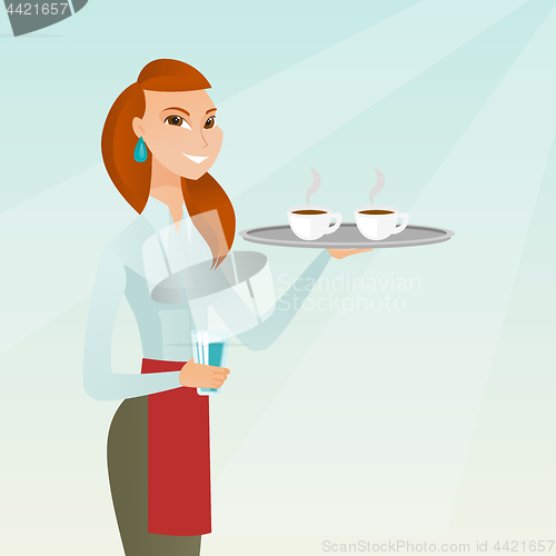 Image of Waitress holding tray with cups of coffeee or tea.