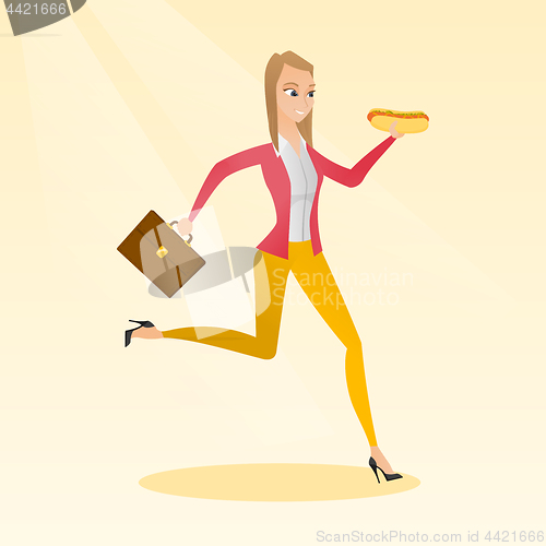 Image of Business woman eating hot dog vector illustration.