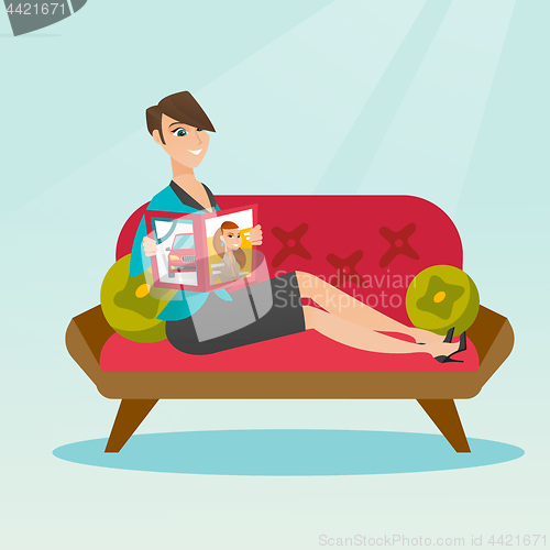 Image of Woman reading magazine on sofa vector illustration