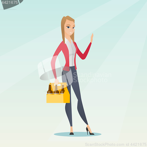 Image of Woman with pack of beer vector illustration.