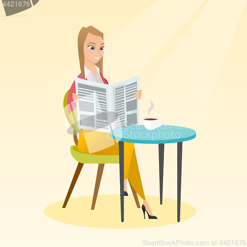 Image of Woman reading a newspaper and drinking coffee.