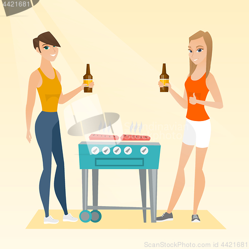Image of Caucasian friends having fun at a barbecue party.