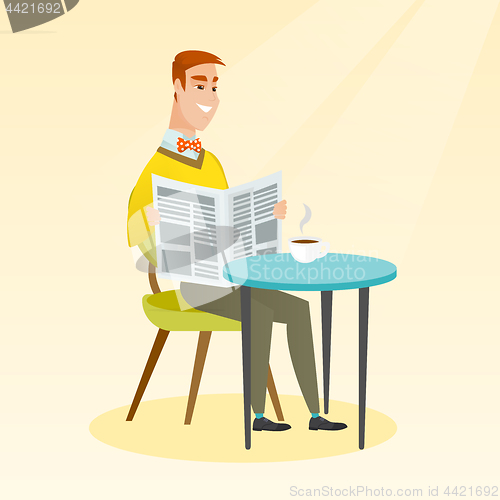 Image of Man reading a newspaper and drinking coffee.