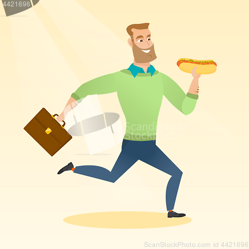 Image of Business man eating hot dog vector illustration.