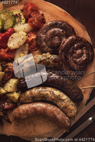 Image of Grilled sausages with vegetables