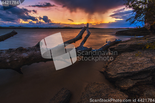 Image of Landscape with sunset and snag