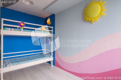Image of Interior of a children\'s room for two girls after repair, painted wall and bunk bed