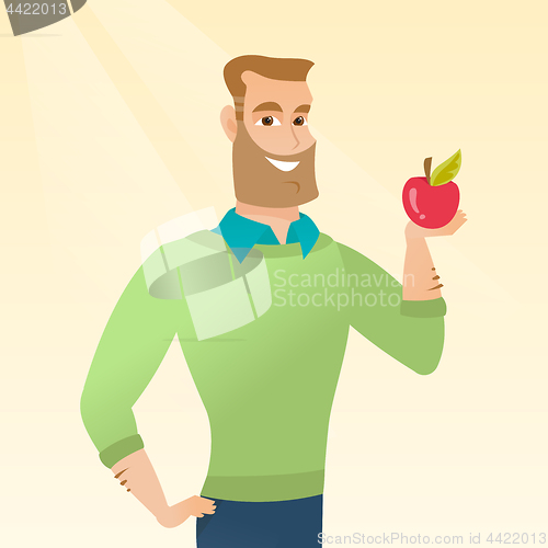 Image of Young man holding an apple vector illustration.