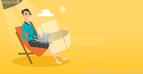 Image of Businesswoman working on laptop at the beach.