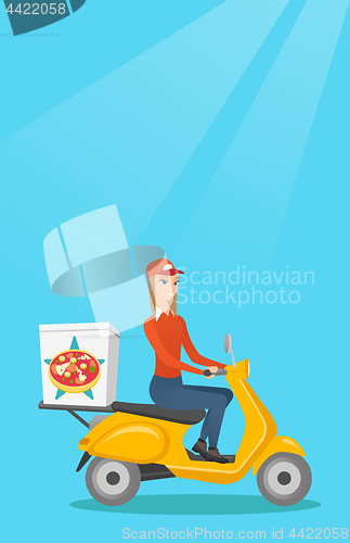 Image of Woman delivering pizza on scooter.