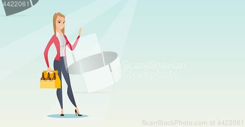 Image of Woman with pack of beer vector illustration.