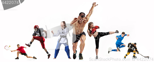 Image of Sport collage about boxing, soccer, american football, ice hockey, jogging, taekwondo, tennis