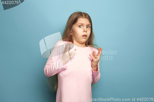 Image of The fear. Teen girl on a blue background. Facial expressions and people emotions concept