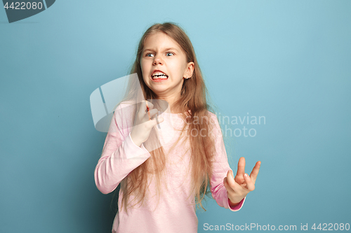 Image of The hate. Teen girl on a blue background. Facial expressions and people emotions concept