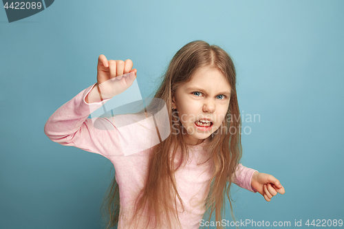 Image of The hate. Teen girl on a blue background. Facial expressions and people emotions concept