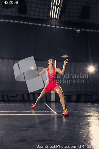 Image of Young woman playing badminton at gym