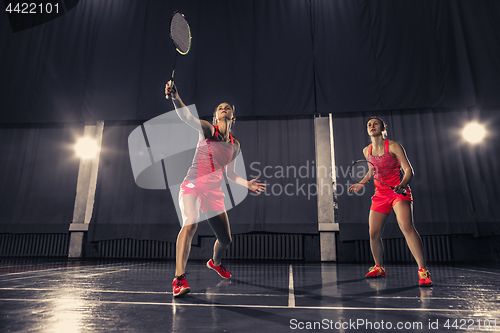 Image of Young women playing badminton at gym