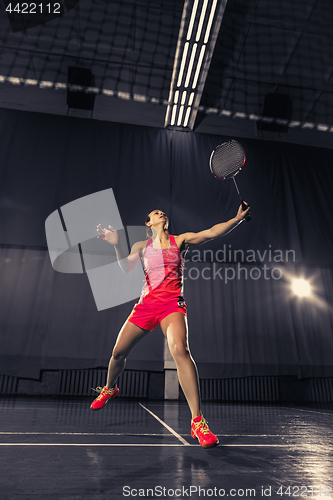 Image of Young woman playing badminton at gym