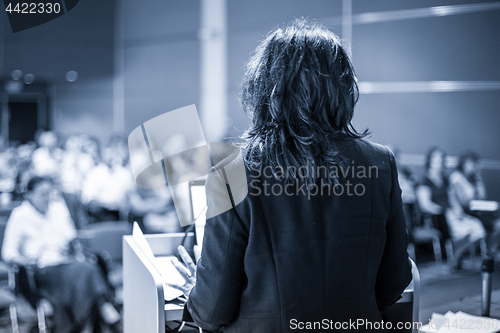 Image of Public speaker giving talk at Business Event.