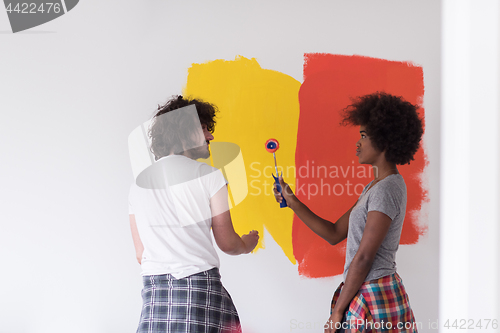 Image of multiethnic couple painting interior wall