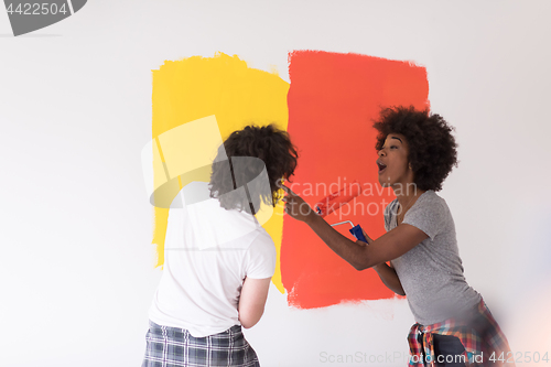 Image of multiethnic couple painting interior wall