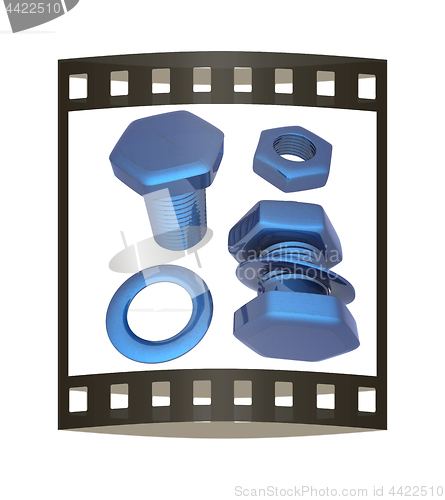 Image of Screws and nuts set. 3d illustration. The film strip.