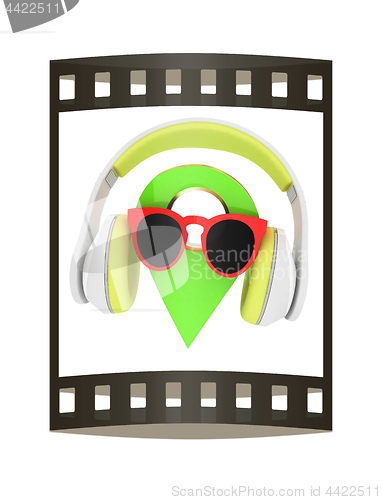 Image of Glamour map pointer in sunglasses and headphones. 3d illustratio