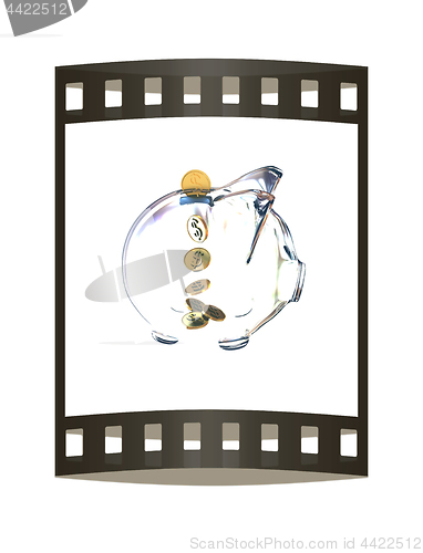 Image of glass piggy bank with golden coins. 3d illustration. The film st