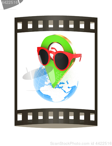 Image of Glamour map pointer in sunglasses on Earth. 3d illustration. The