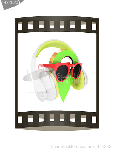 Image of Glamour map pointer in sunglasses and headphones. 3d illustratio