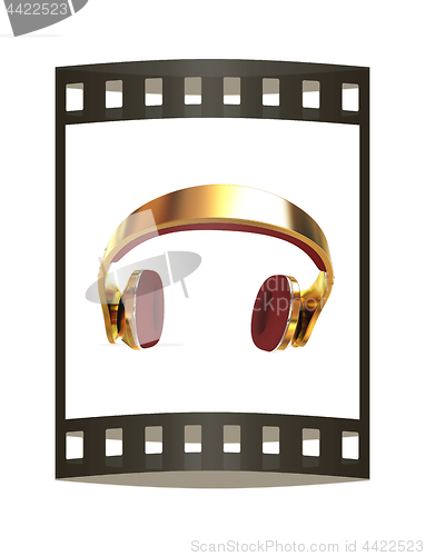 Image of Golden headphones. 3d illustration. The film strip.