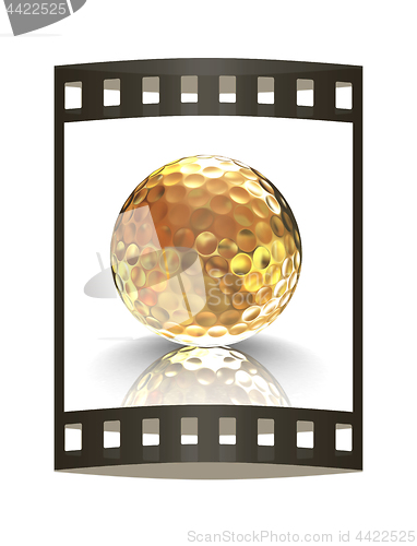 Image of 3d rendering of a golfball in gold. The film strip.