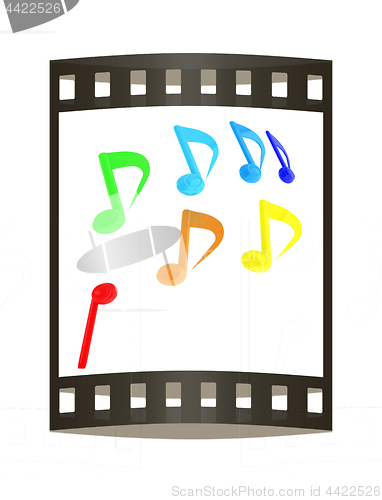 Image of music notes  background. 3D illustration. The film strip.