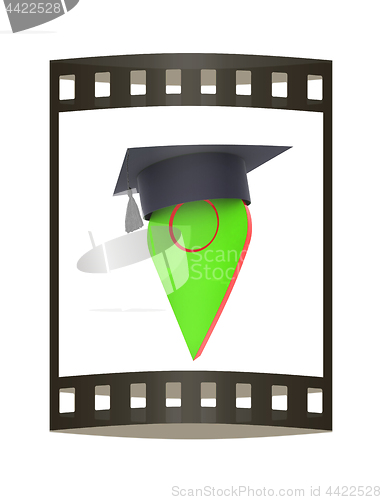 Image of Geo pin with graduation hat on white. School sign, geolocation a