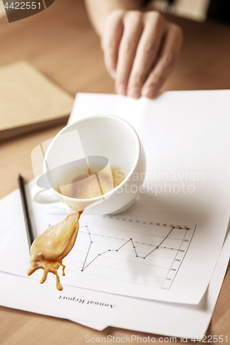 Image of Coffee in white cup spilling on the table in the morning working day at office table