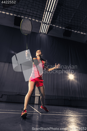 Image of Young woman playing badminton at gym